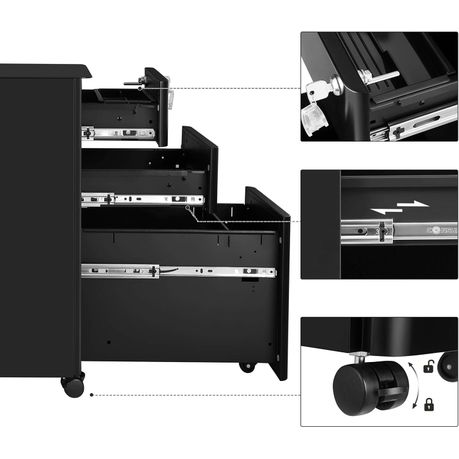 Lazava Rolling File Cabinet, Black - 3-Drawer Lockable Unit for Home Office