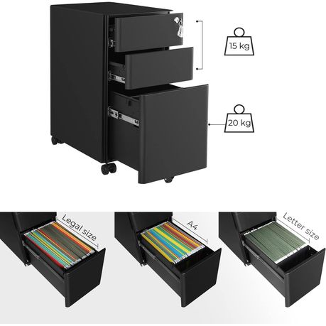 Lazava Rolling File Cabinet, Black - 3-Drawer Lockable Unit for Home Office
