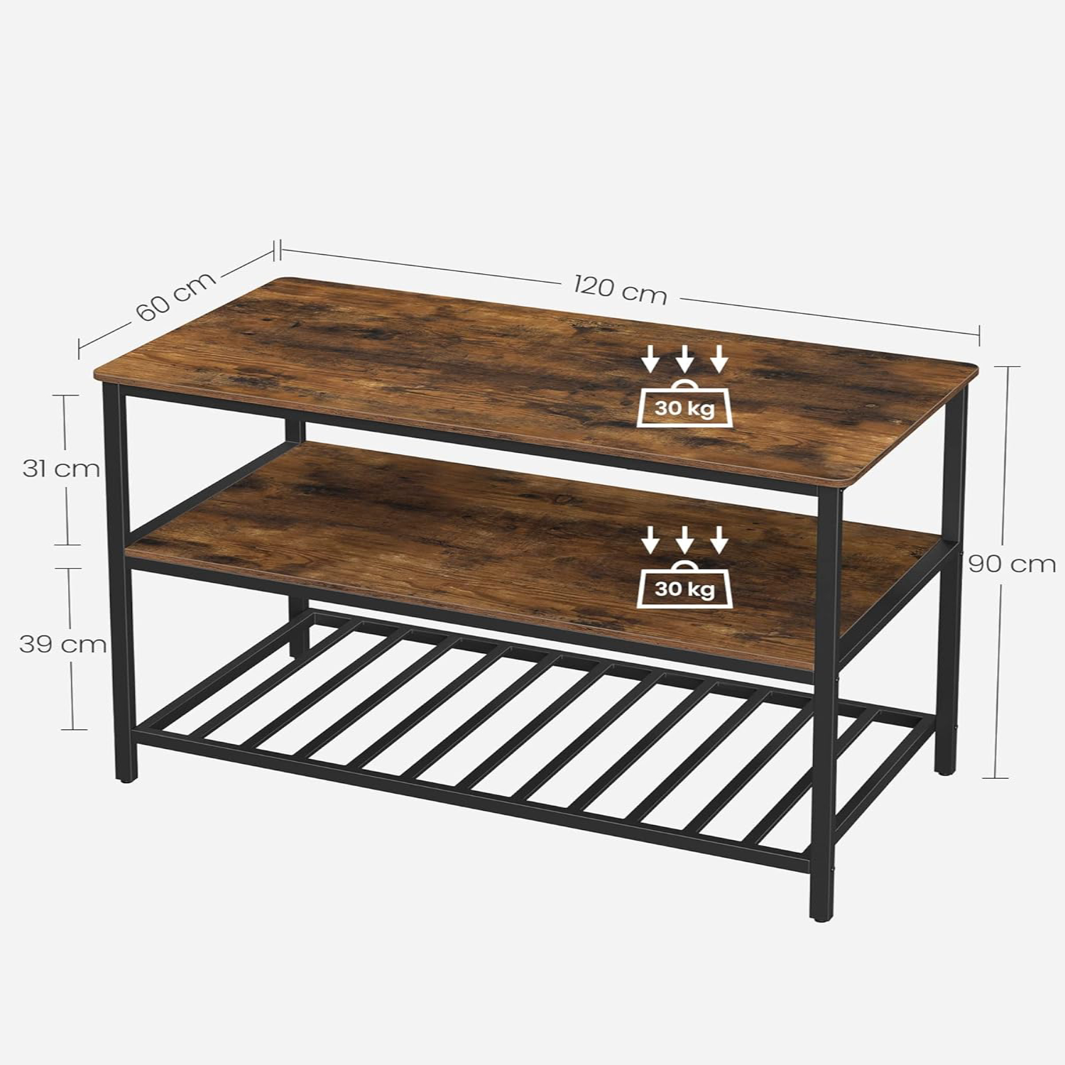 Lazava Rustic 3-Tier Kitchen Island Table - Wood & Metal Prep Counter with Storage