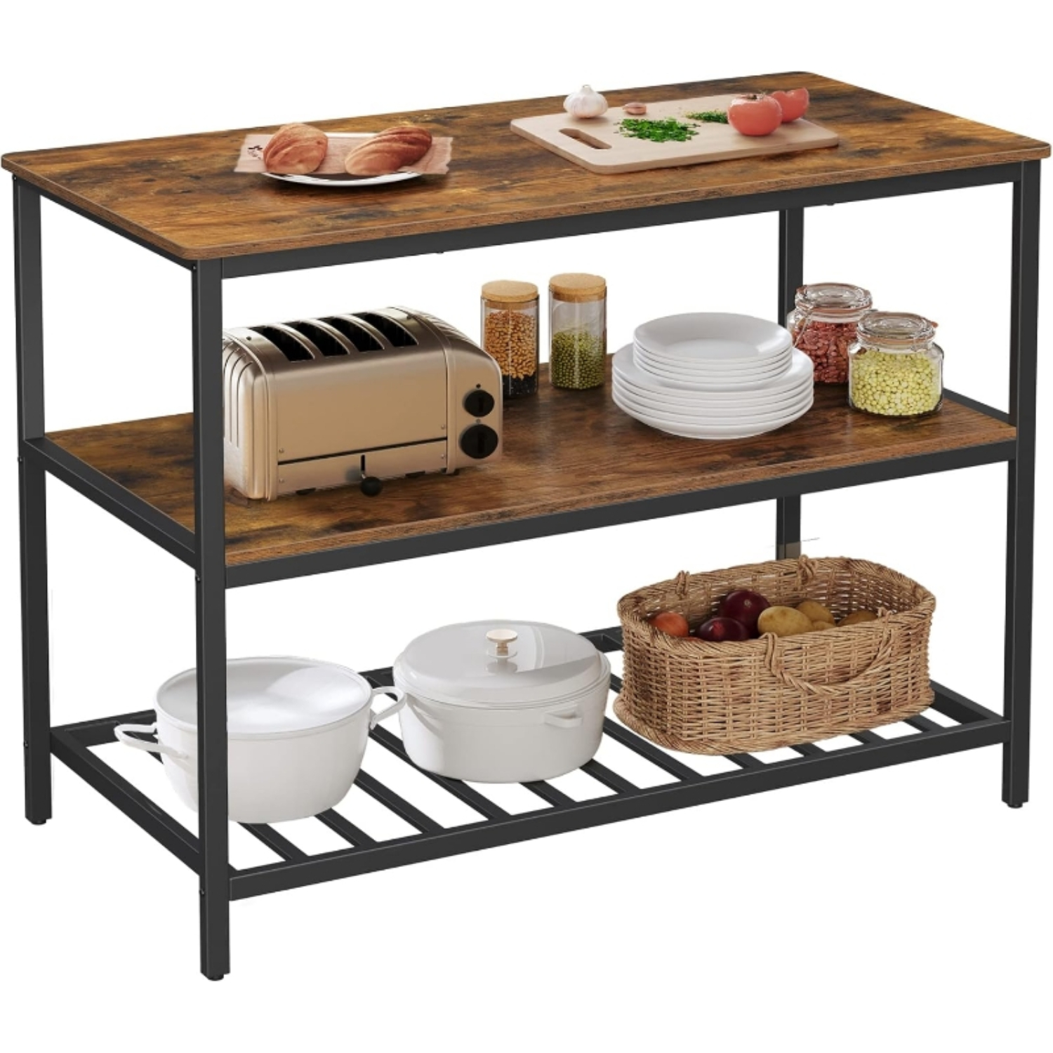 Lazava Rustic 3-Tier Kitchen Island Table - Wood & Metal Prep Counter with Storage