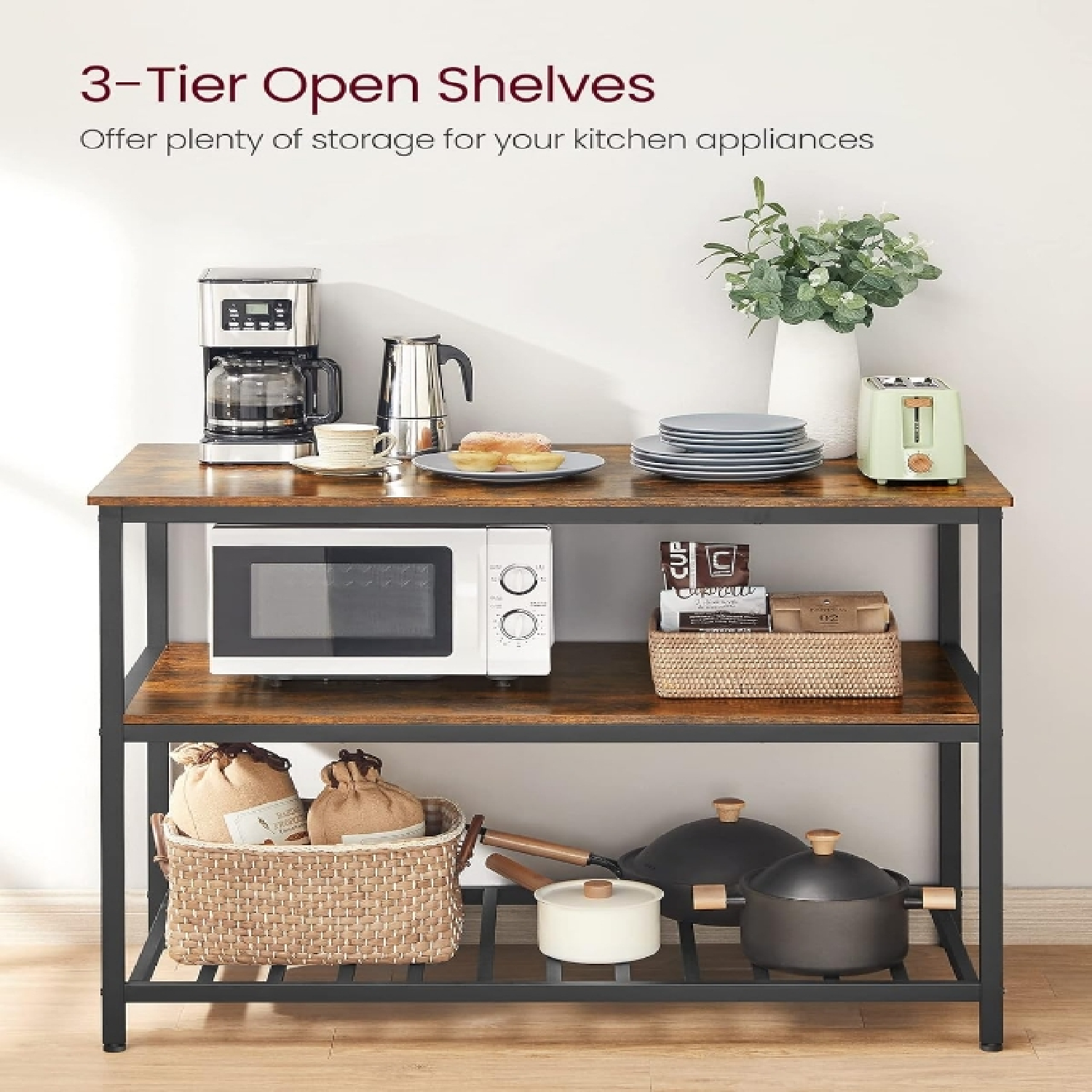 Lazava Rustic 3-Tier Kitchen Island Table - Wood & Metal Prep Counter with Storage