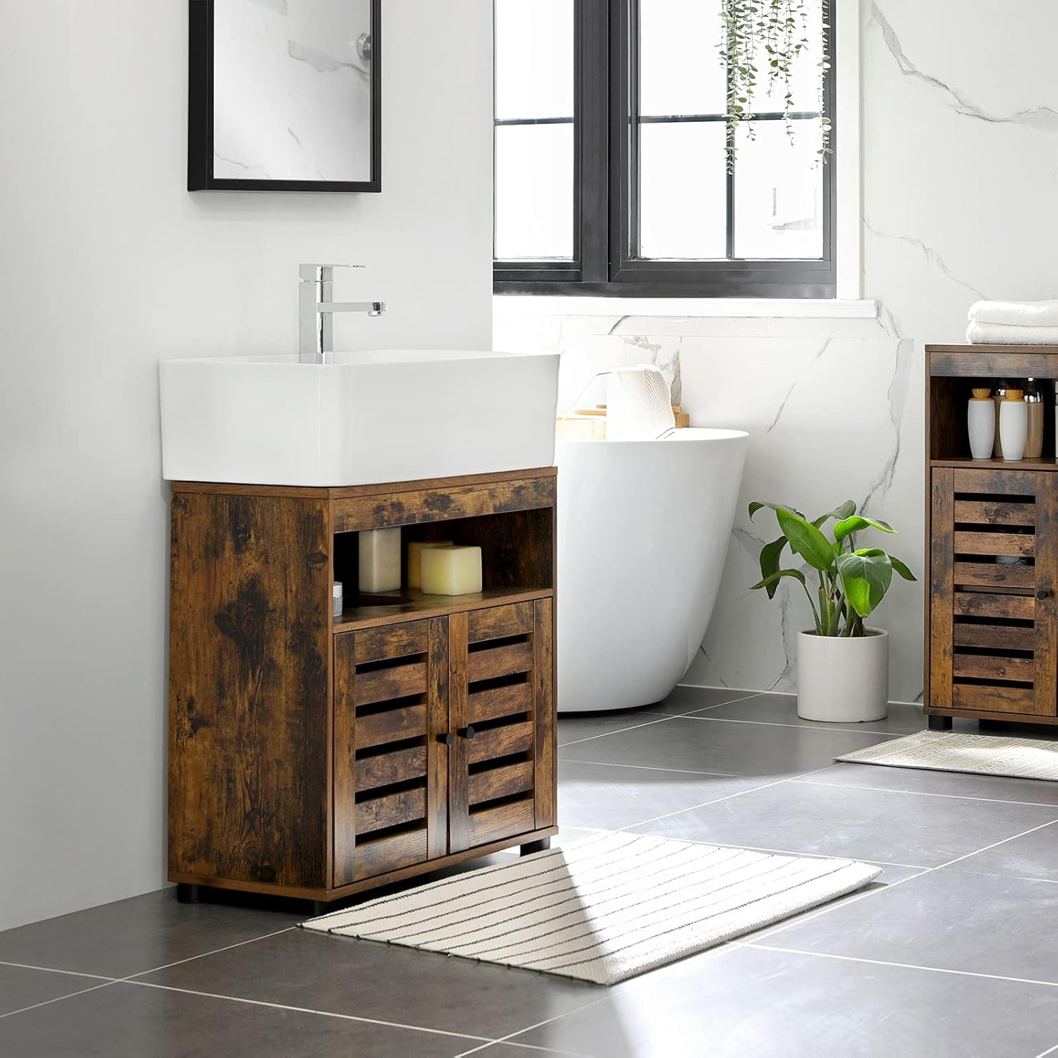 Lazava Rustic Under-Sink Bathroom Cabinet with Double Doors - Wood-Finish Basin Storage