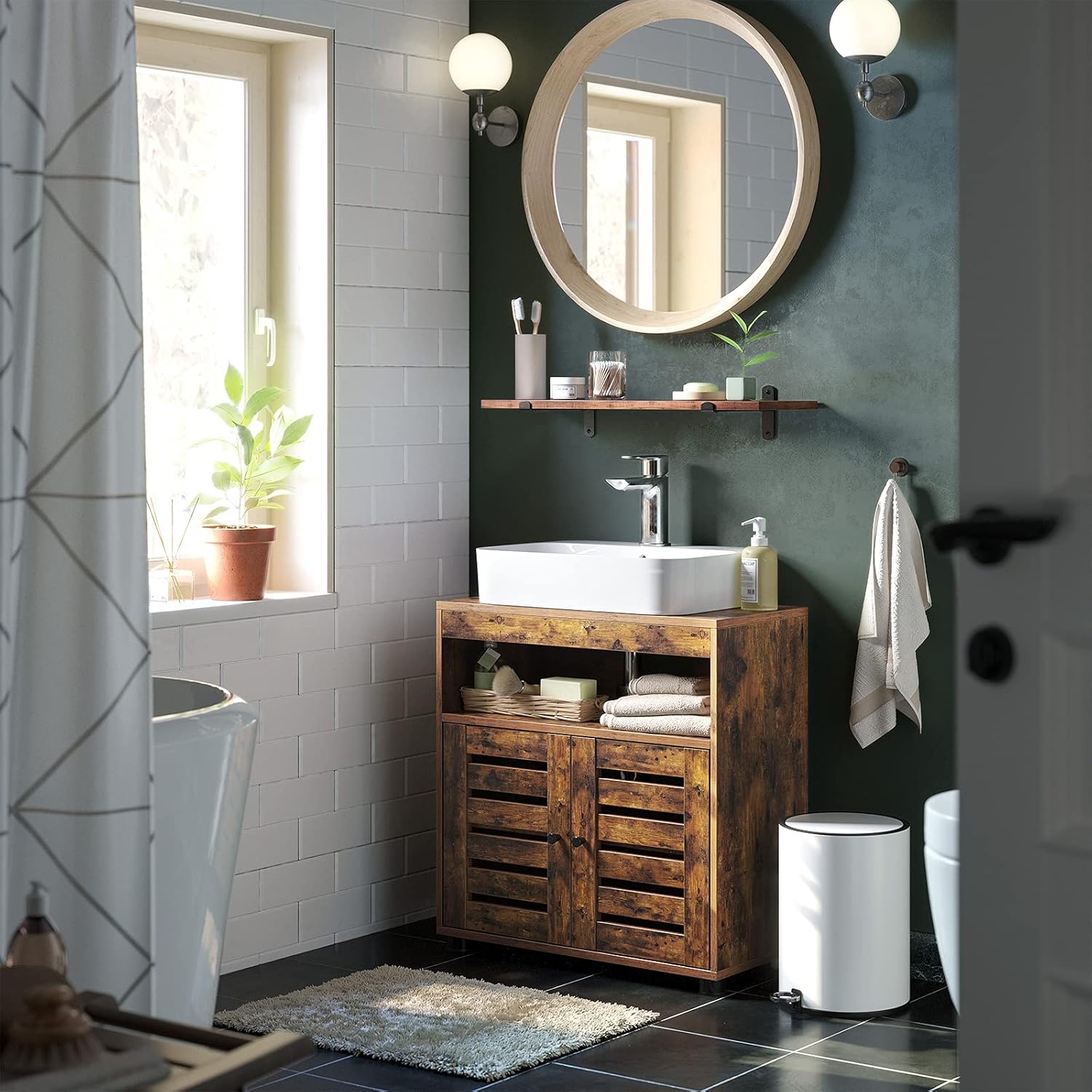 Lazava Rustic Under-Sink Bathroom Cabinet with Double Doors - Wood-Finish Basin Storage