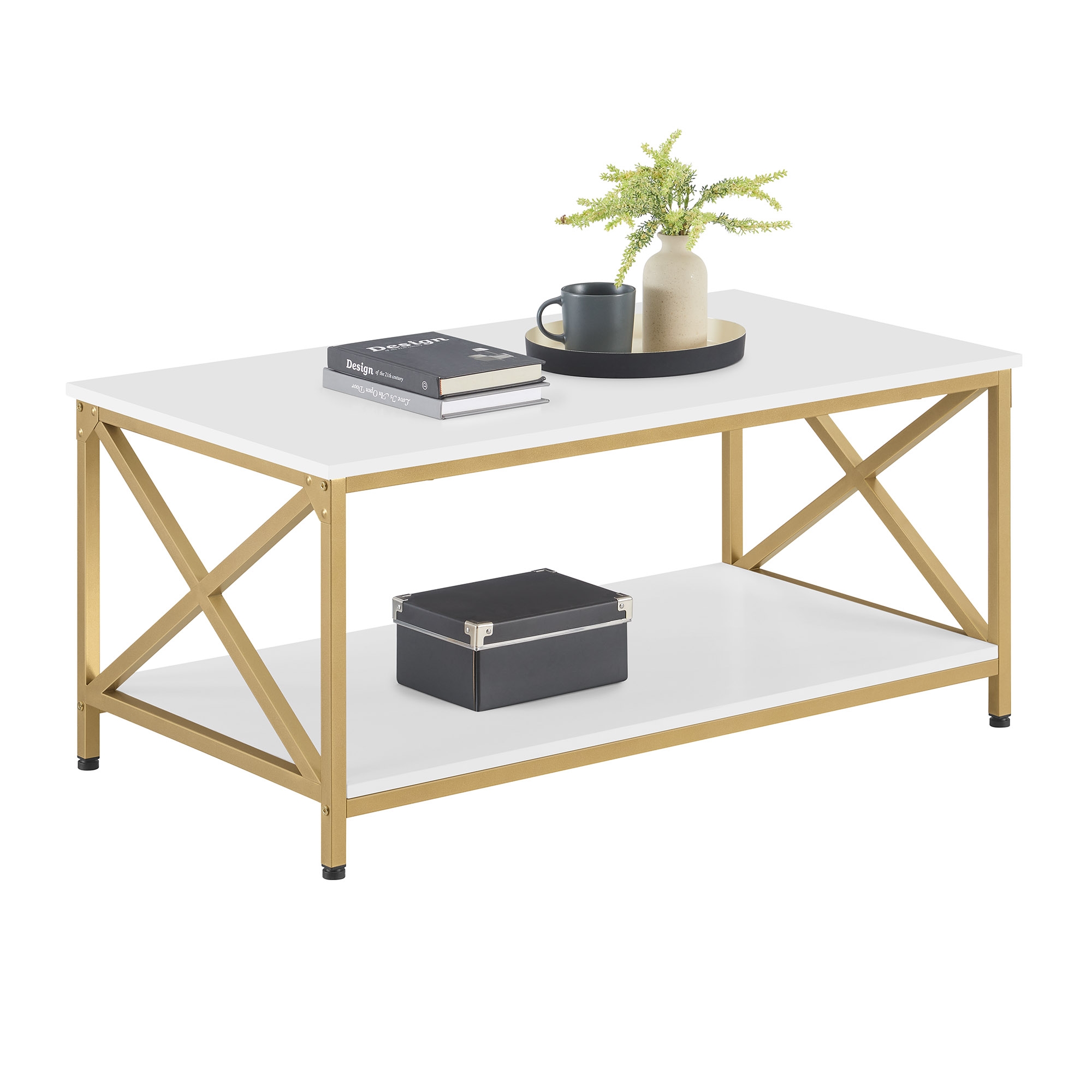 Lazava Modern Coffee Table, White Top & Gold Steel Frame - Lightweight, Easy to Assemble