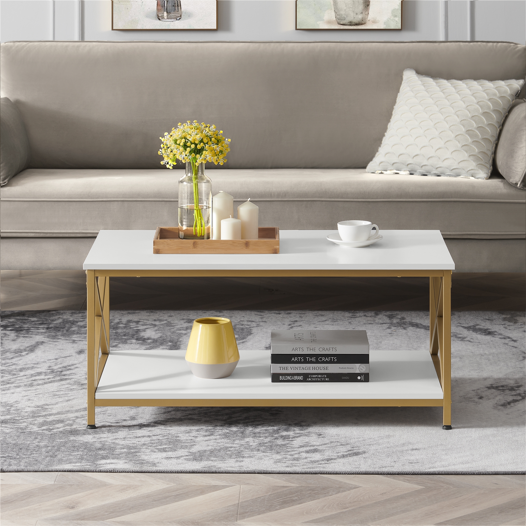 Lazava Modern Coffee Table, White Top & Gold Steel Frame - Lightweight, Easy to Assemble