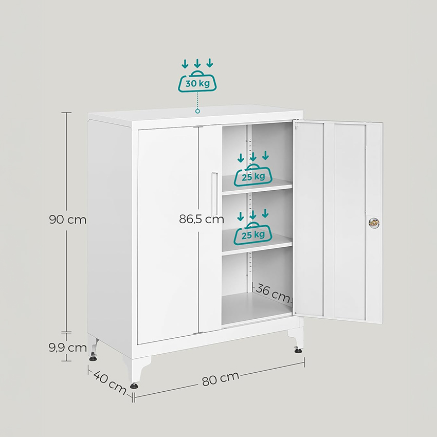 Lazava Steel Filing Cabinet, White - 2 Lockable Doors, 80cm for Home Office Documents