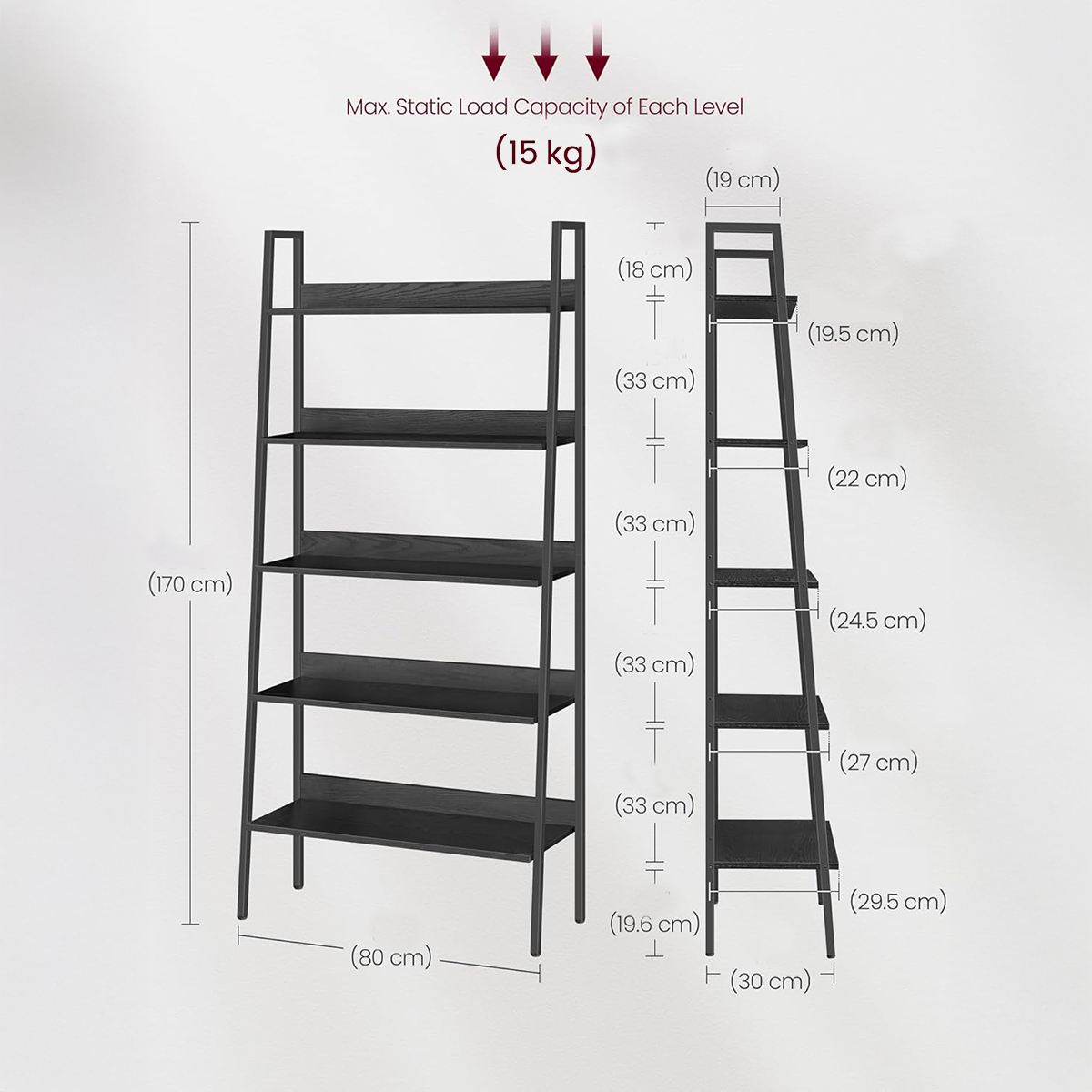 Lazava 5-Tier Narrow Ladder Bookshelf, Black - 30 x 80 x 170cm, Steel Frame, 75kg Load