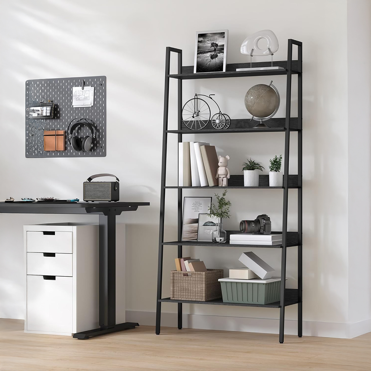 Lazava 5-Tier Narrow Ladder Bookshelf, Black - 30 x 80 x 170cm, Steel Frame, 75kg Load