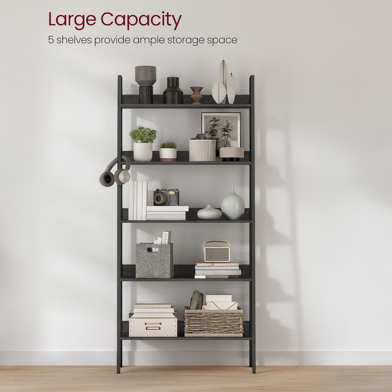 Lazava 5-Tier Narrow Ladder Bookshelf, Black - 30 x 80 x 170cm, Steel Frame, 75kg Load