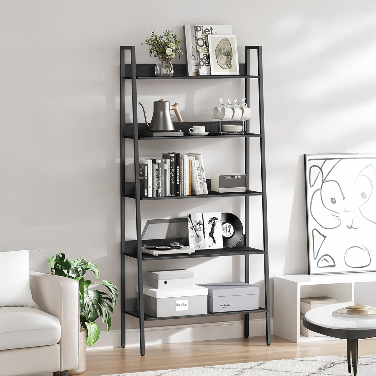 Lazava 5-Tier Narrow Ladder Bookshelf, Black - 30 x 80 x 170cm, Steel Frame, 75kg Load