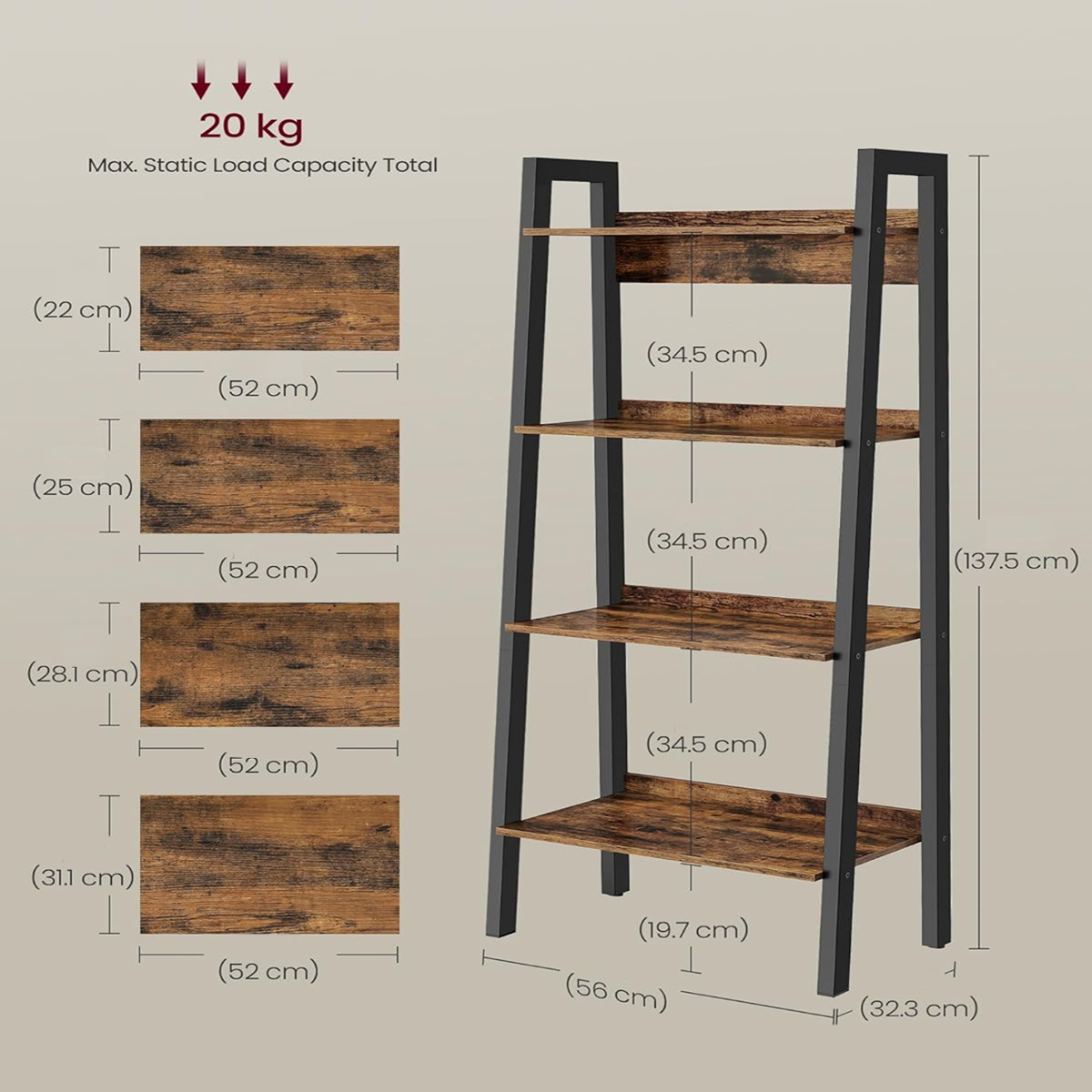 Lazava 4-Tier Narrow Ladder Bookshelf, Rustic Brown & Black - 55.9 x 32.3 x 137.4cm, Steel Frame