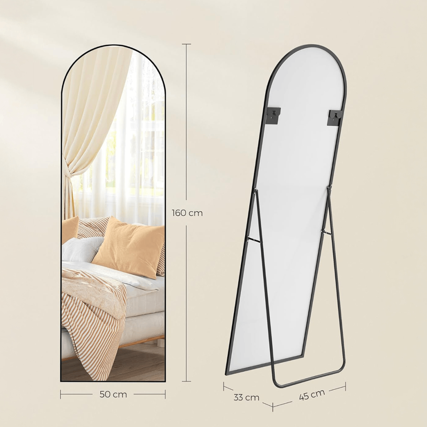 Lasa Curved Full-Length Standing Mirror, 160 x 50cm - Ink Black Aluminium Frame, Tempered Glass