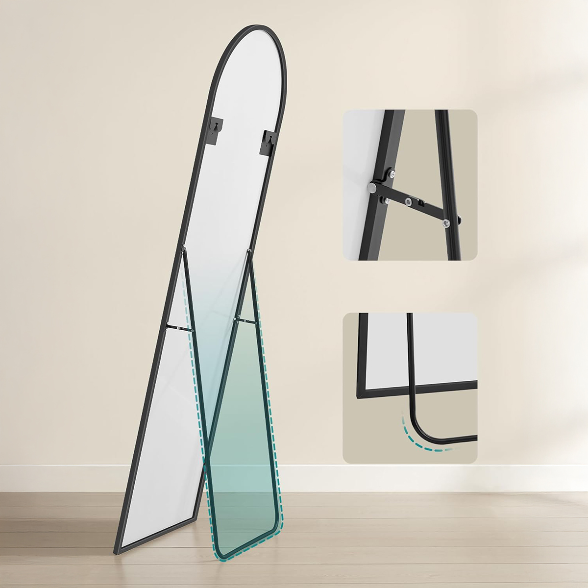 Lasa Curved Full-Length Standing Mirror, 160 x 50cm - Ink Black Aluminium Frame, Tempered Glass