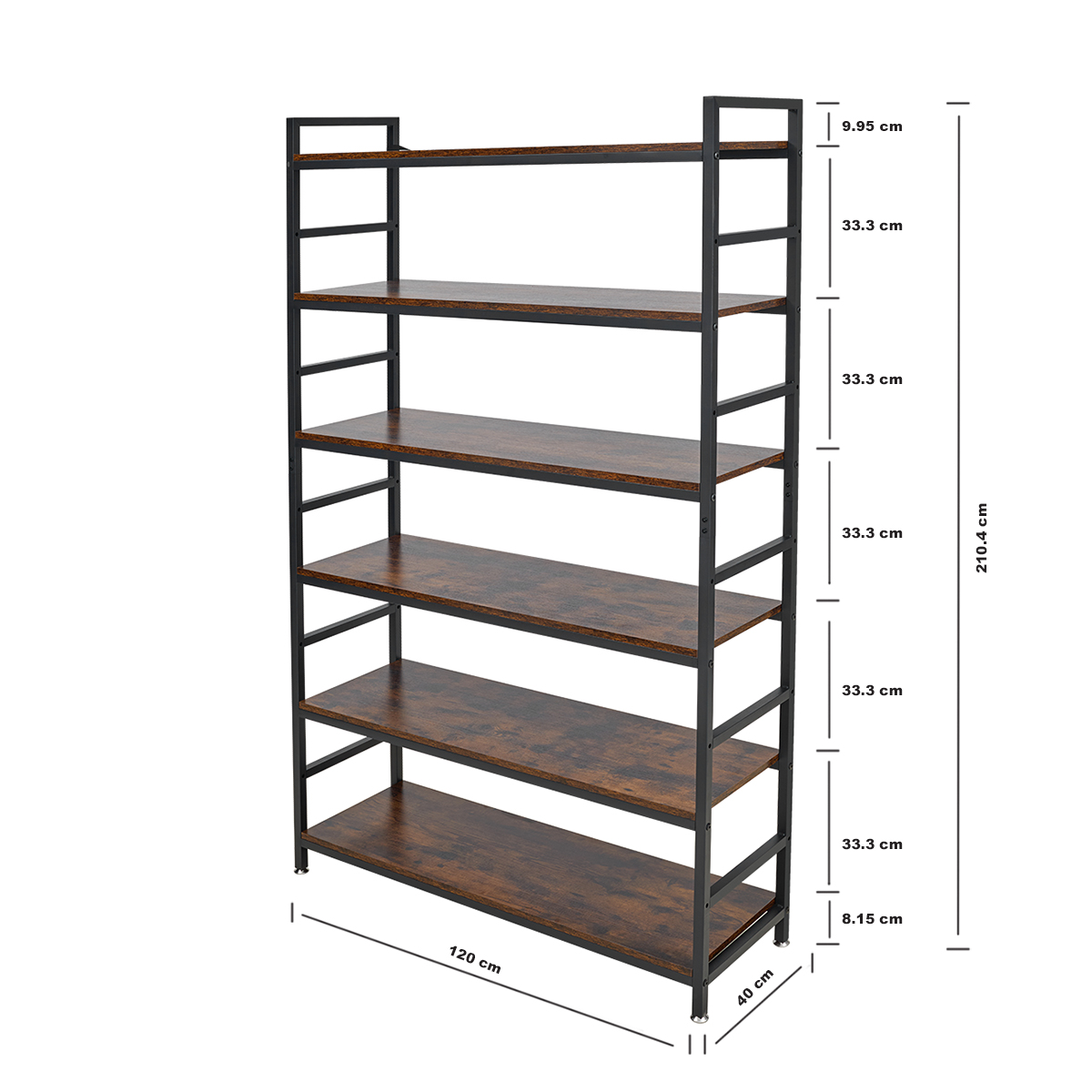 Lazava 6-Tier Storage Shelf, 210cm - Rustic Wood & Black Steel Frame for Living Room