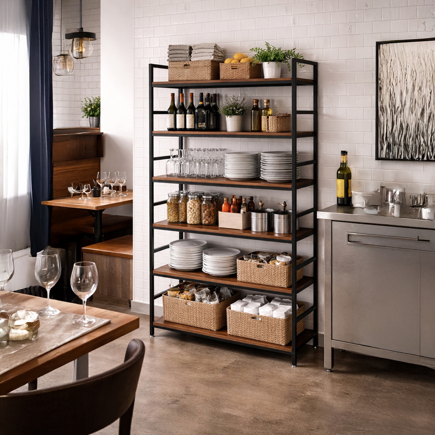 Lazava 6-Tier Storage Shelf, 210cm - Rustic Wood & Black Steel Frame for Living Room