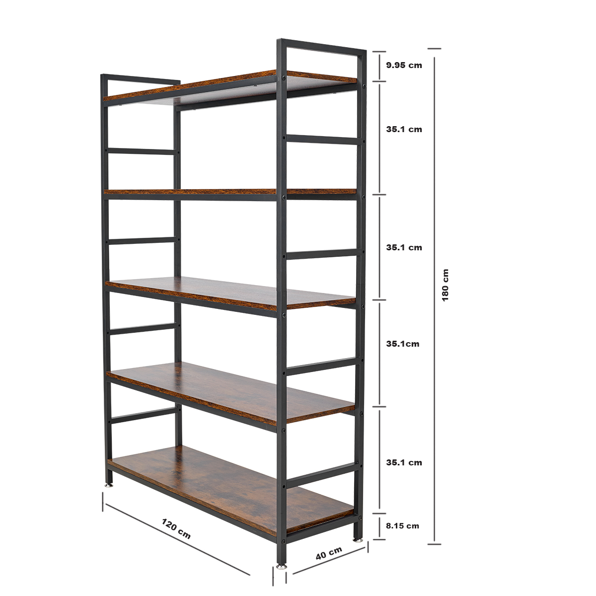 Lazava 5-Tier Storage Shelf, 180cm - Rustic Wood & Black Steel Frame for Living Room