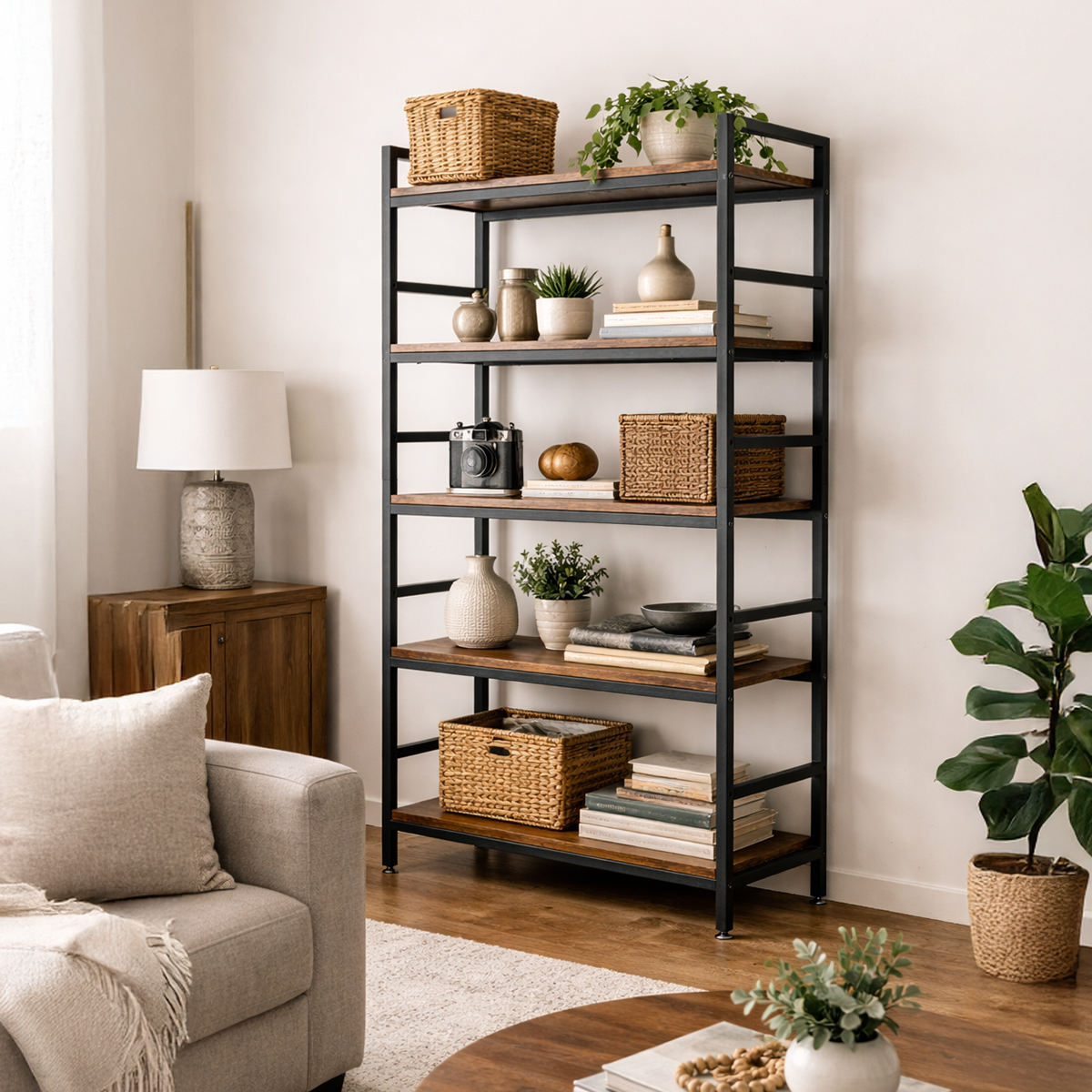Lazava 5-Tier Storage Shelf, 180cm - Rustic Wood & Black Steel Frame for Living Room