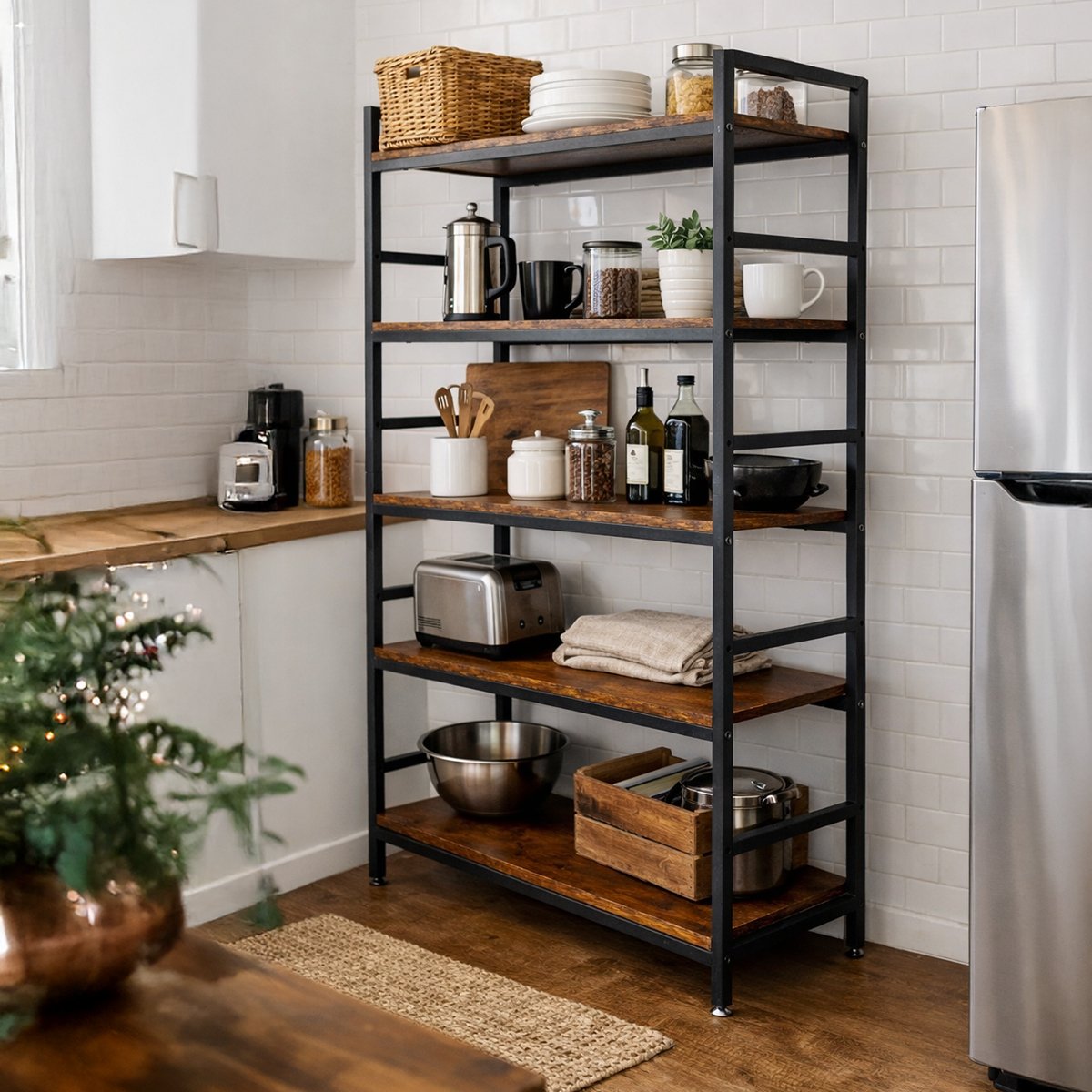 Lazava 5-Tier Storage Shelf, 180cm - Rustic Wood & Black Steel Frame for Living Room
