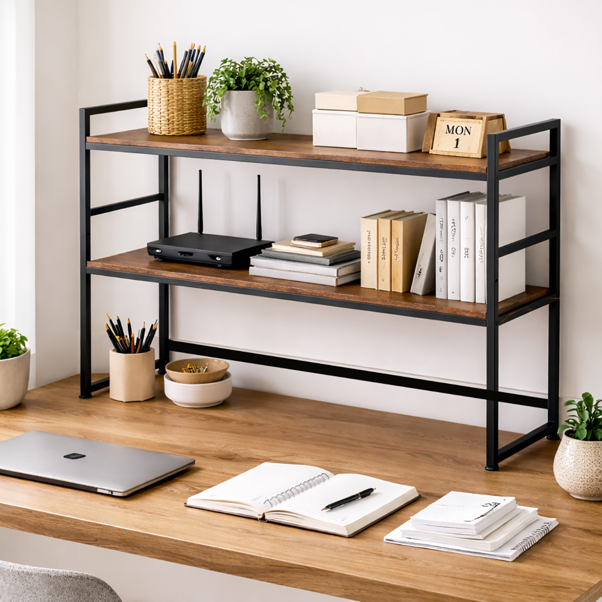 Lazava 2-Tier Desktop Shelf Organiser - Black Steel & Wood Desk Storage Rack for Office