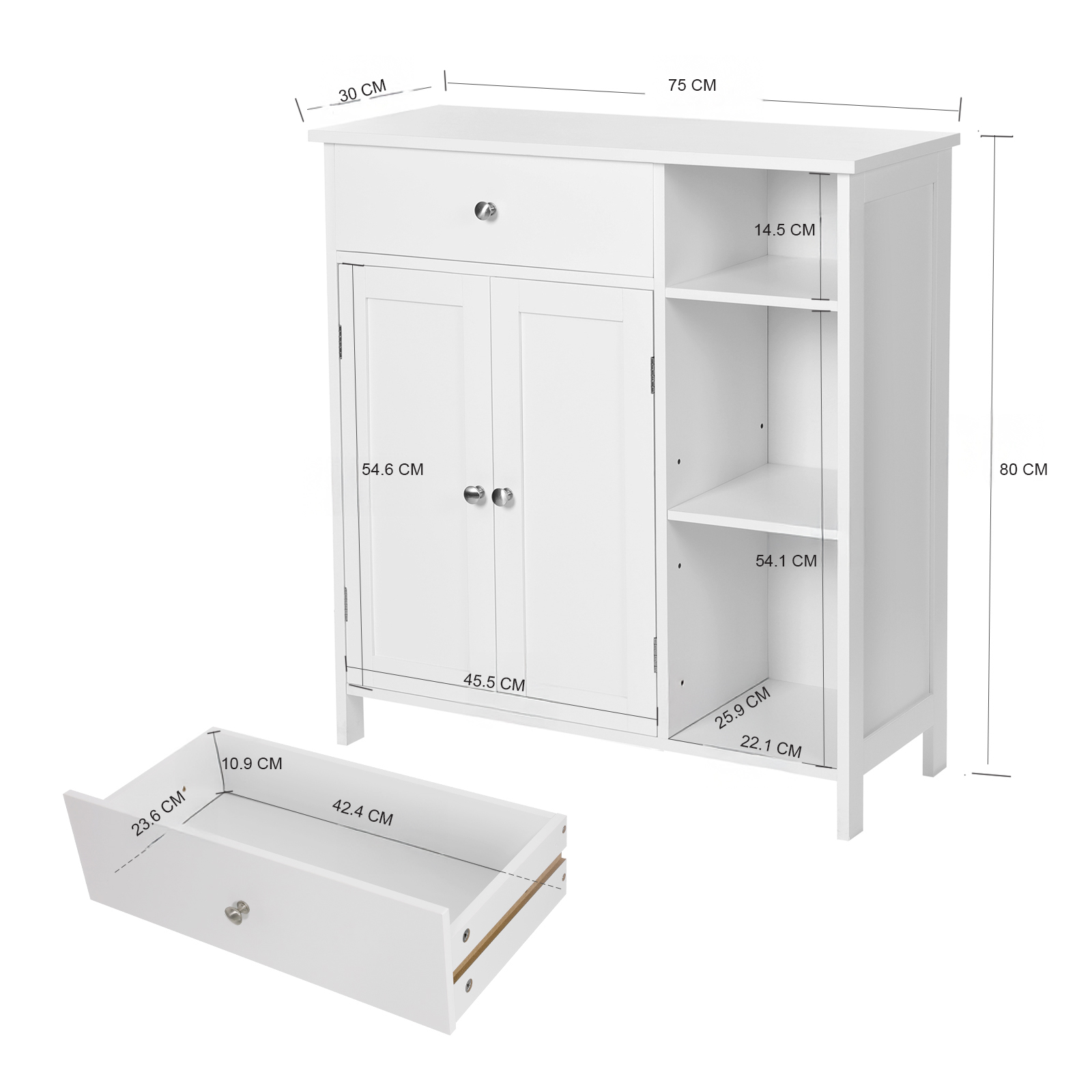 Lazava Floor Storage Cabinet, White - Drawer, Doors & 3 Compartments for Home