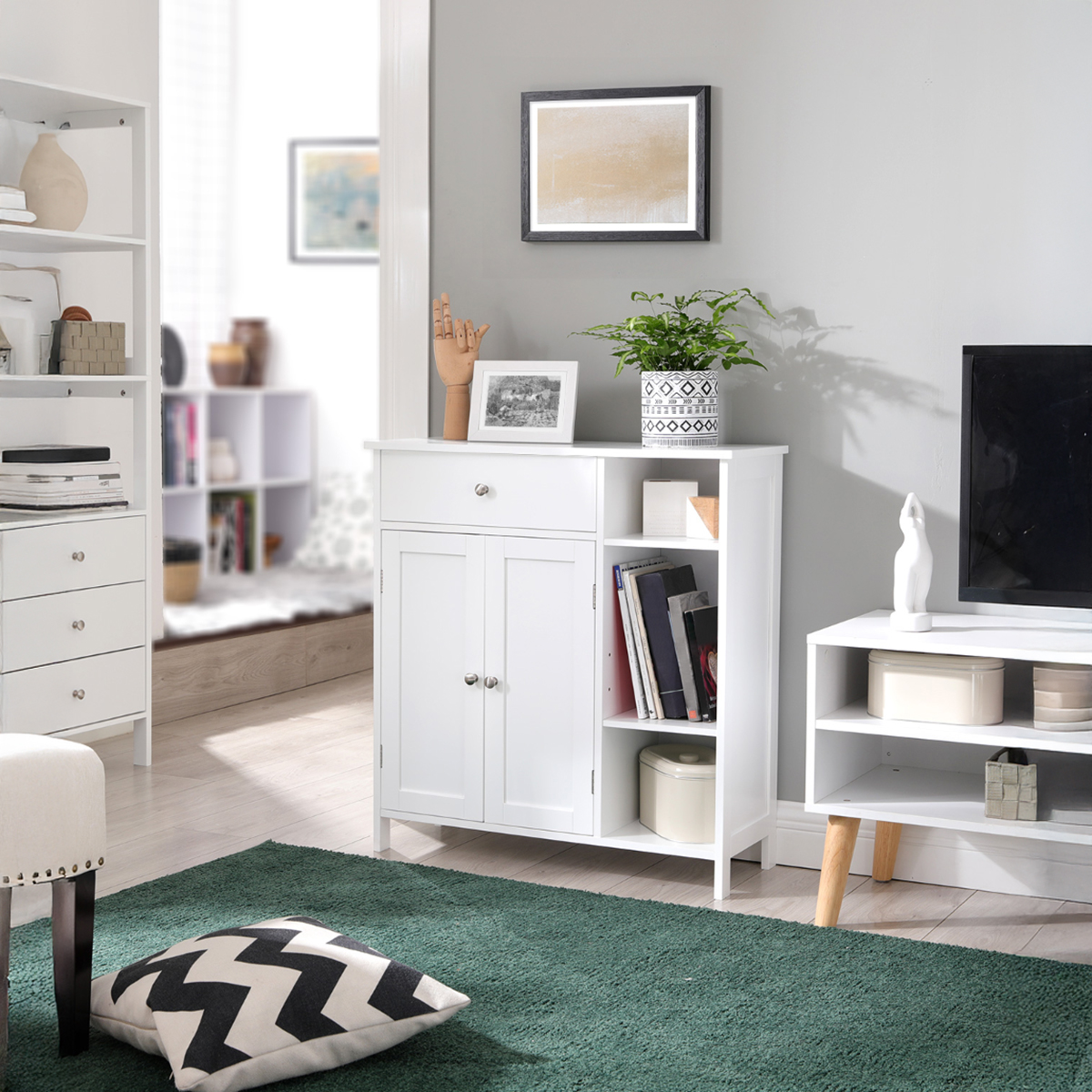 Lazava Floor Storage Cabinet, White - Drawer, Doors & 3 Compartments for Home