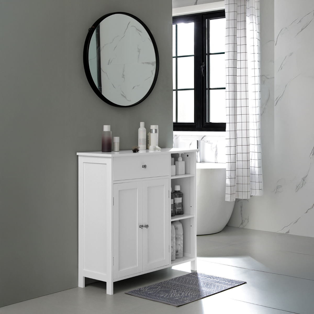 Lazava Floor Storage Cabinet, White - Drawer, Doors & 3 Compartments for Home