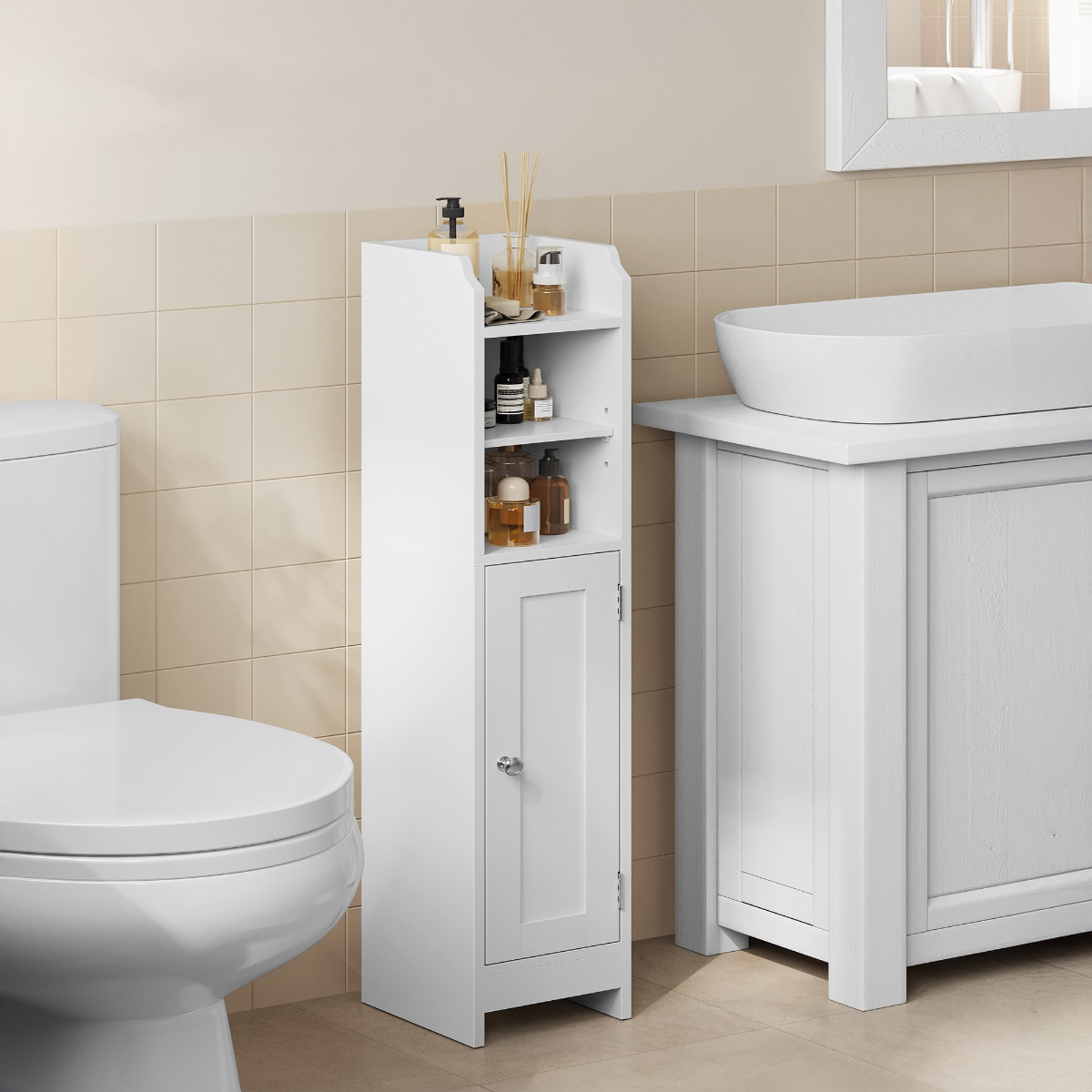 Lazava Small Corner Storage Cabinet with Door & Adjustable Shelves, Cloud White - for Bathroom & Hallway