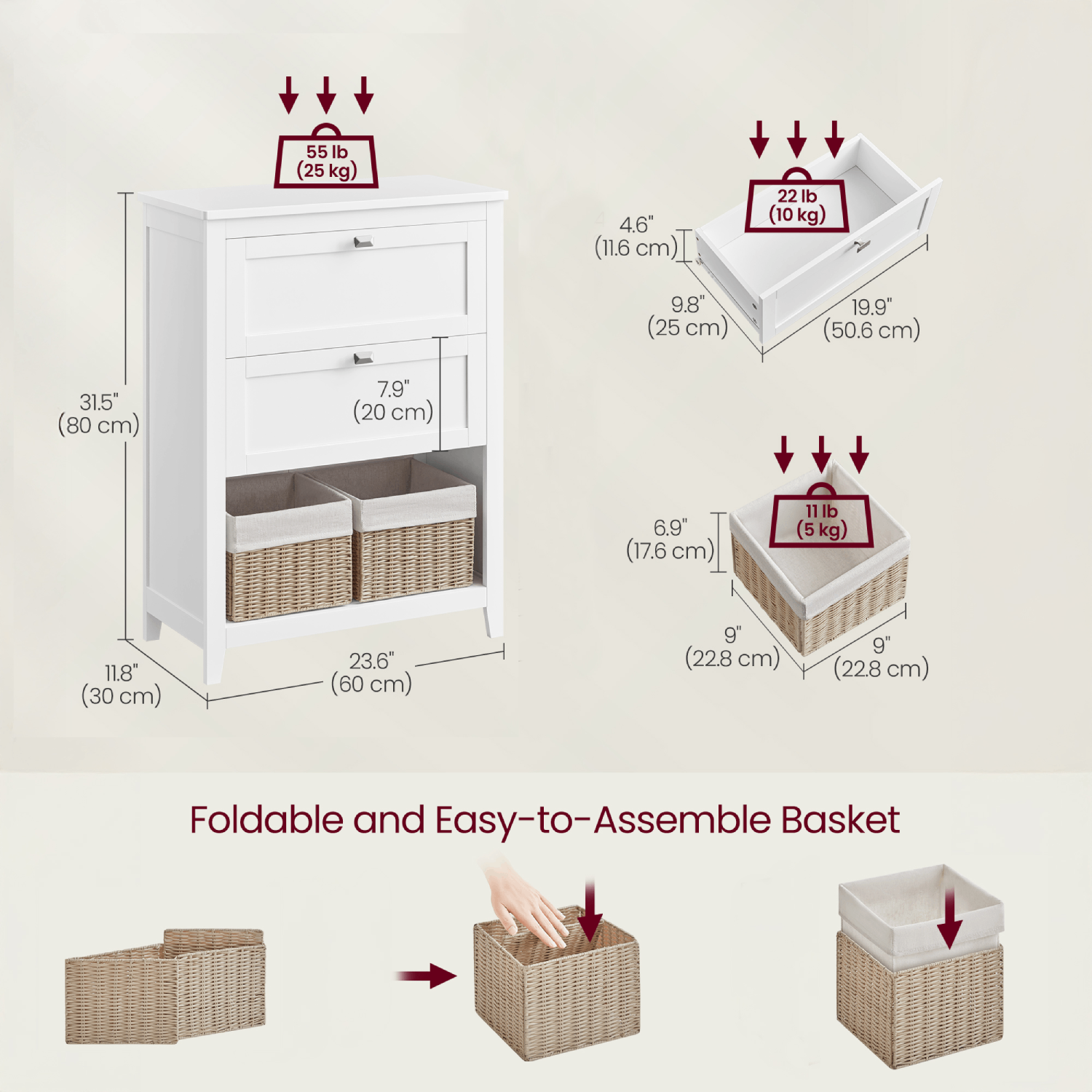 Lazava Cloud White Freestanding Storage Cabinet with 2 Drawers & Baskets