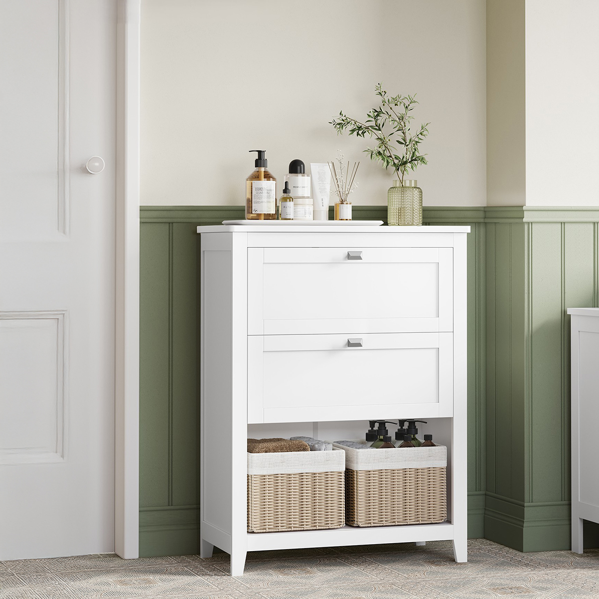 Lazava Cloud White Freestanding Storage Cabinet with 2 Drawers & Baskets