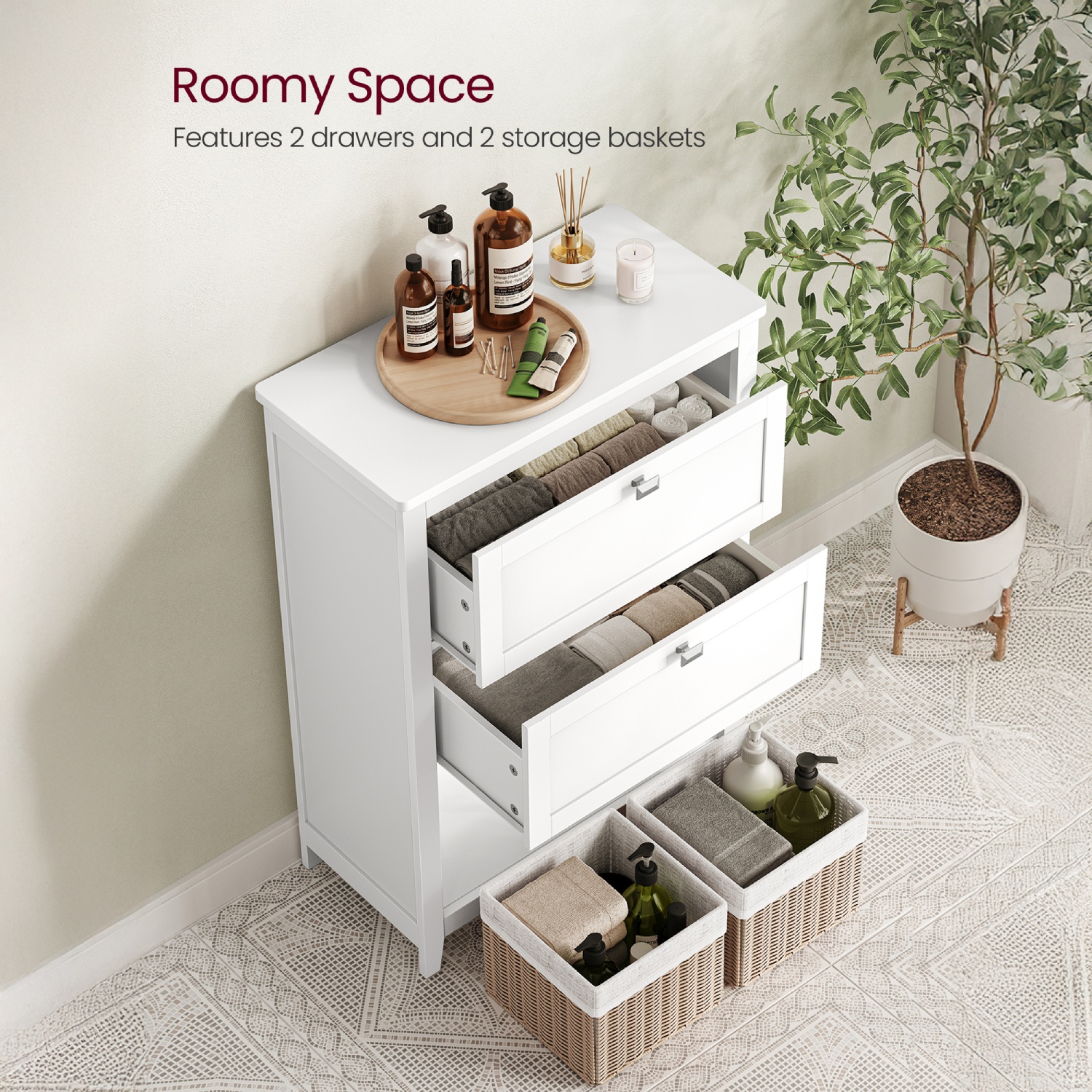 Lazava Cloud White Freestanding Storage Cabinet with 2 Drawers & Baskets