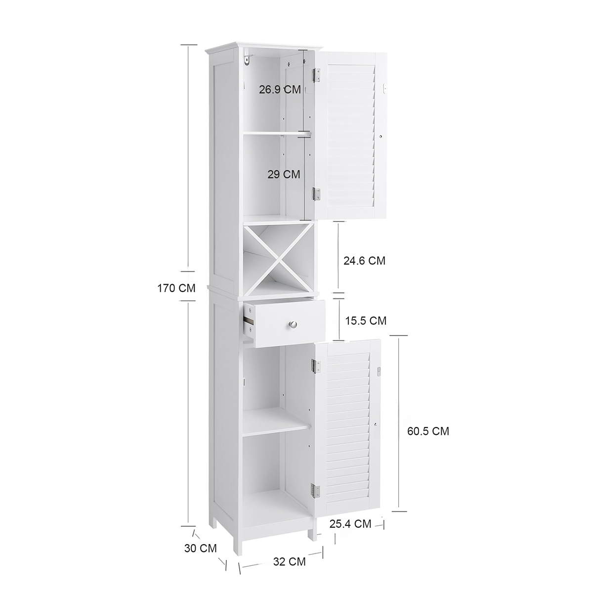 Lazava White Tall Storage Cabinet with Drawer & Removable Cross Stand for Bathroom