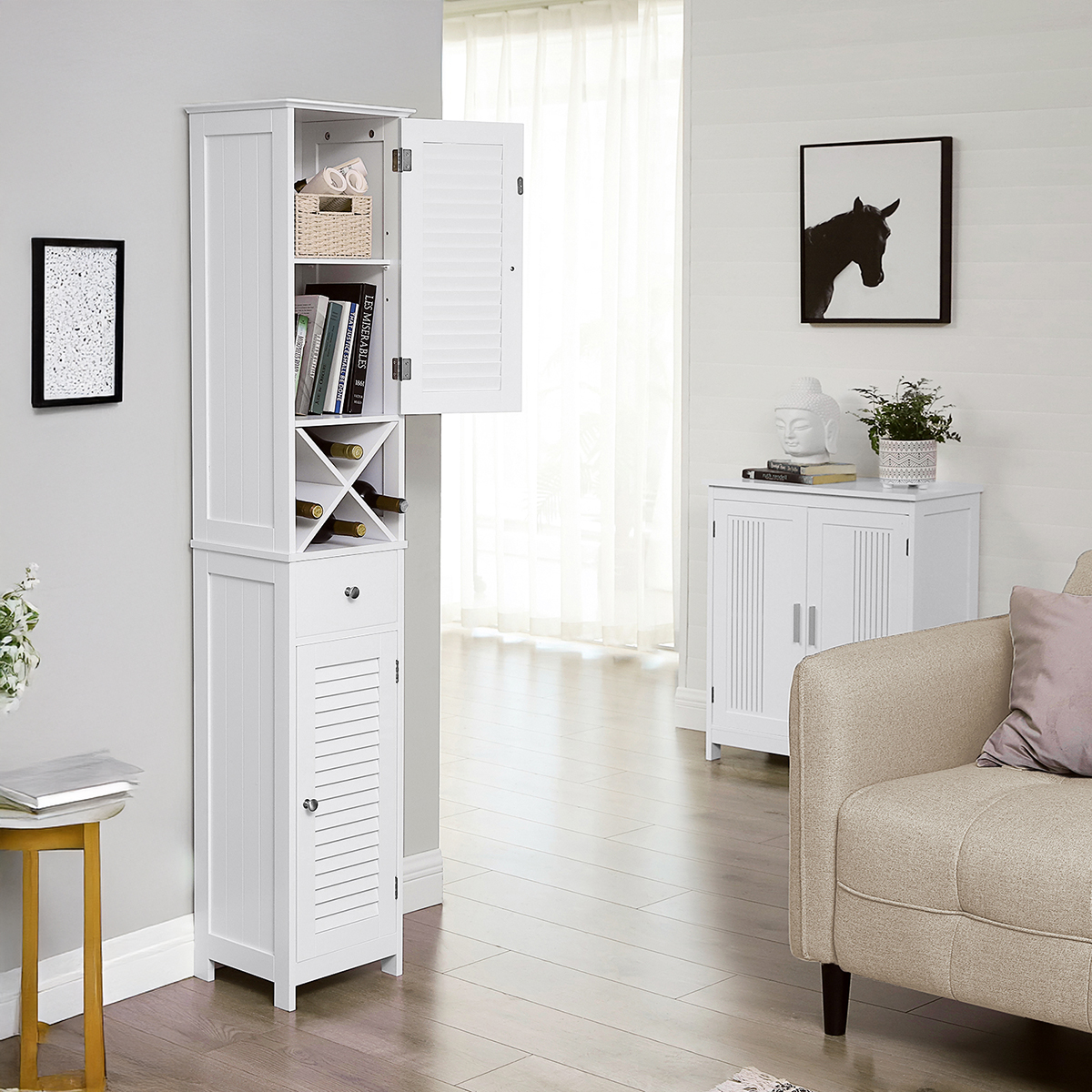 Lazava White Tall Storage Cabinet with Drawer & Removable Cross Stand for Bathroom