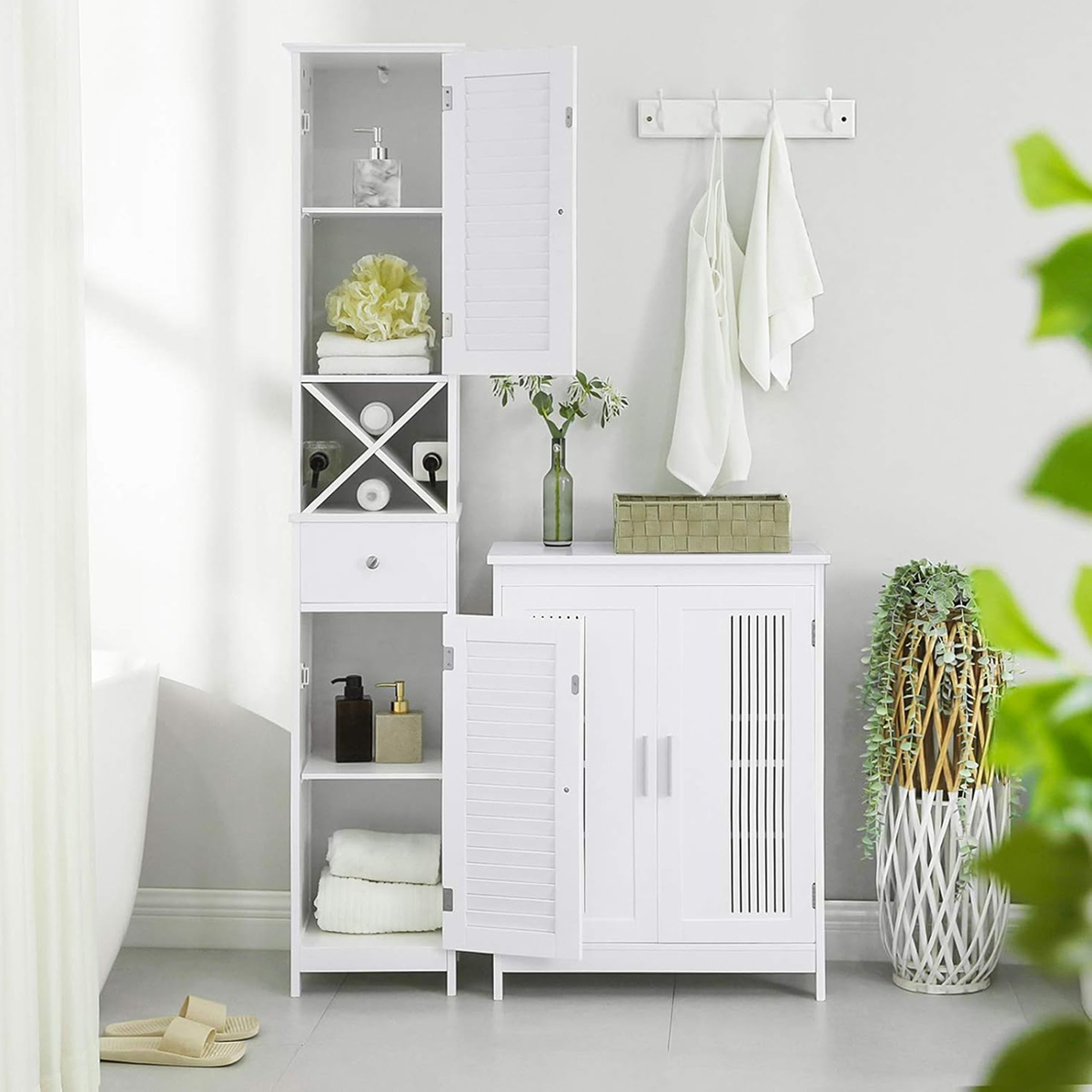 Lazava White Tall Storage Cabinet with Drawer & Removable Cross Stand for Bathroom