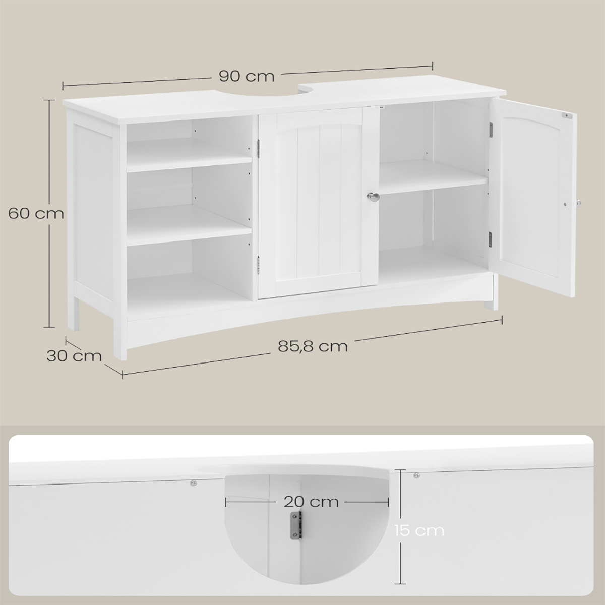 Lazava White Bathroom Vanity Unit, 2-Door Sink Cabinet - MDF with Adjustable Shelves