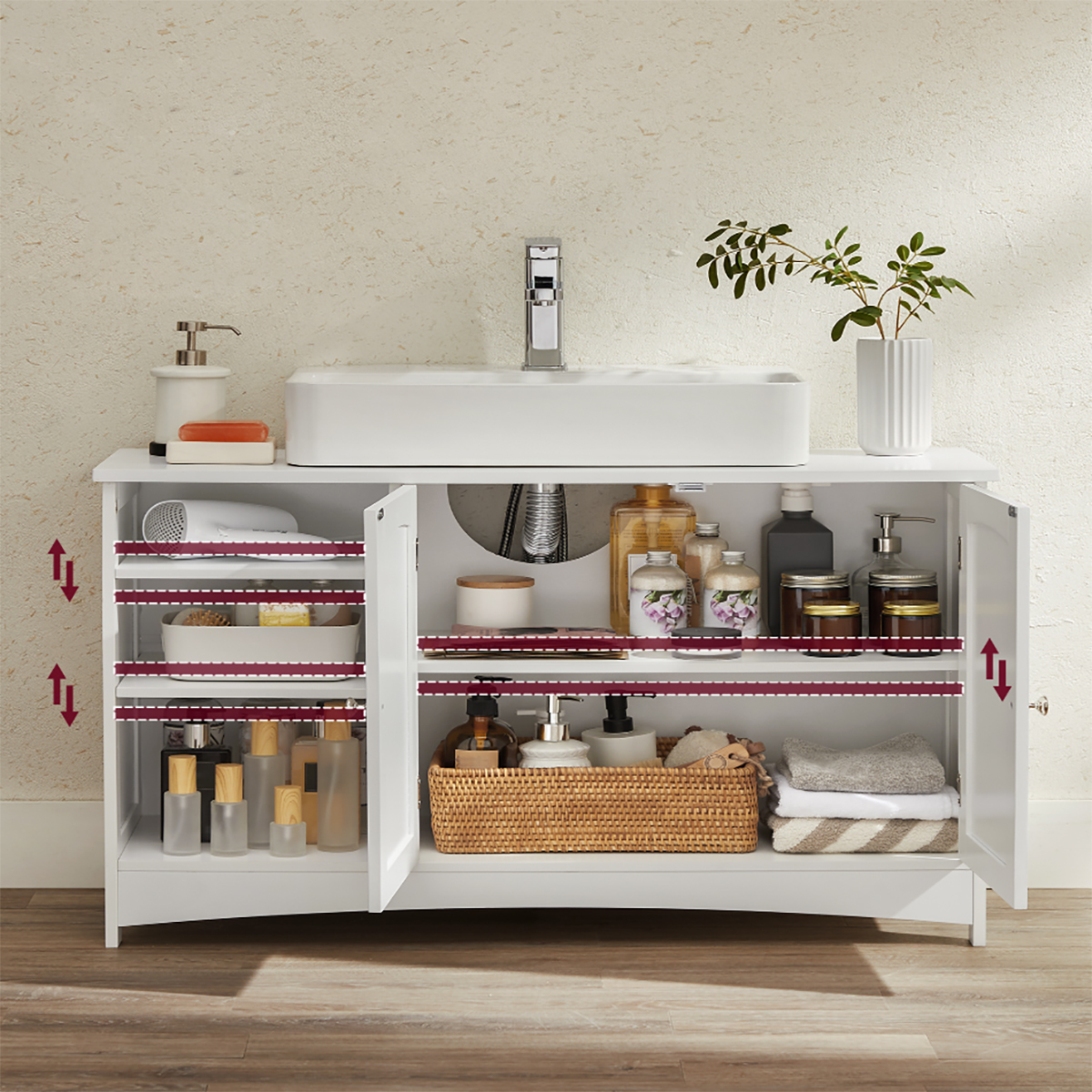 Lazava White Bathroom Vanity Unit, 2-Door Sink Cabinet - MDF with Adjustable Shelves