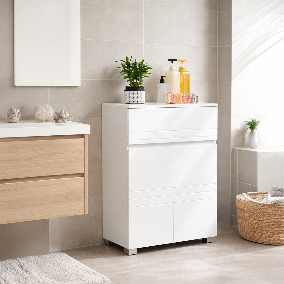 Lazava White Cabinet with Drawer, Double Doors & Adjustable Shelves for Any Room