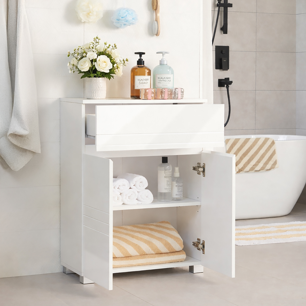 Lazava White Cabinet with Drawer, Double Doors & Adjustable Shelves for Any Room
