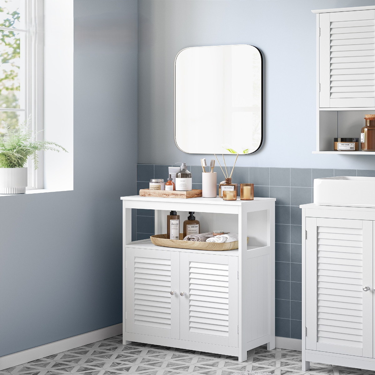 Lazava White Freestanding Floor Cabinet with Double Shutter Doors & Shelf - MDF Storage