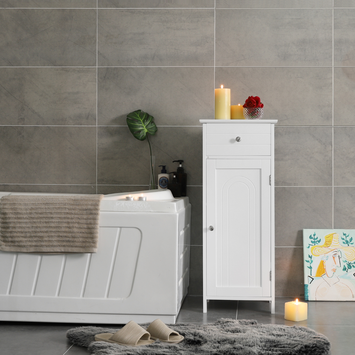 Lazava White Slim Floor Cabinet with Drawer & Door - Bathroom & Living Room