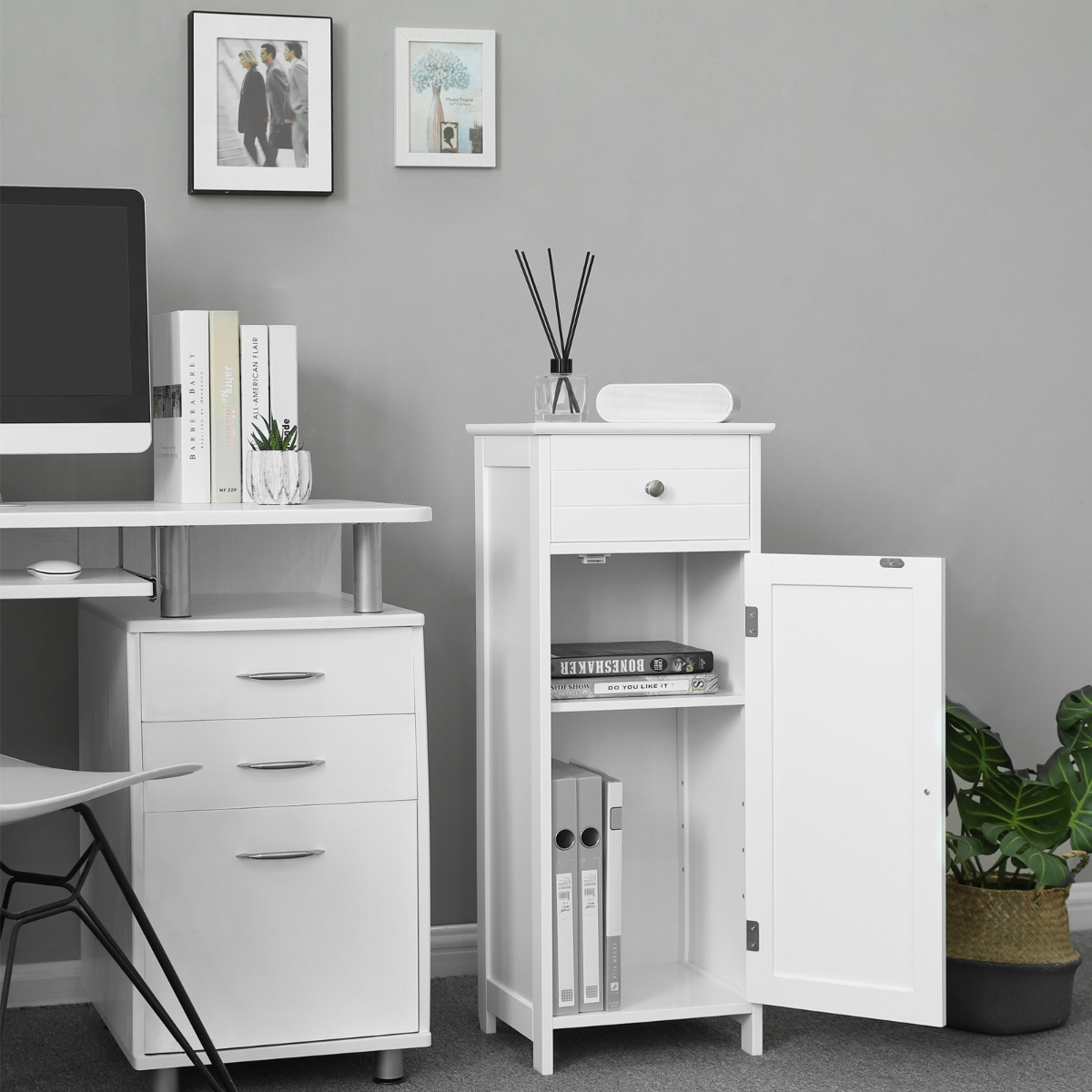 Lazava White Slim Floor Cabinet with Drawer & Door - Bathroom & Living Room