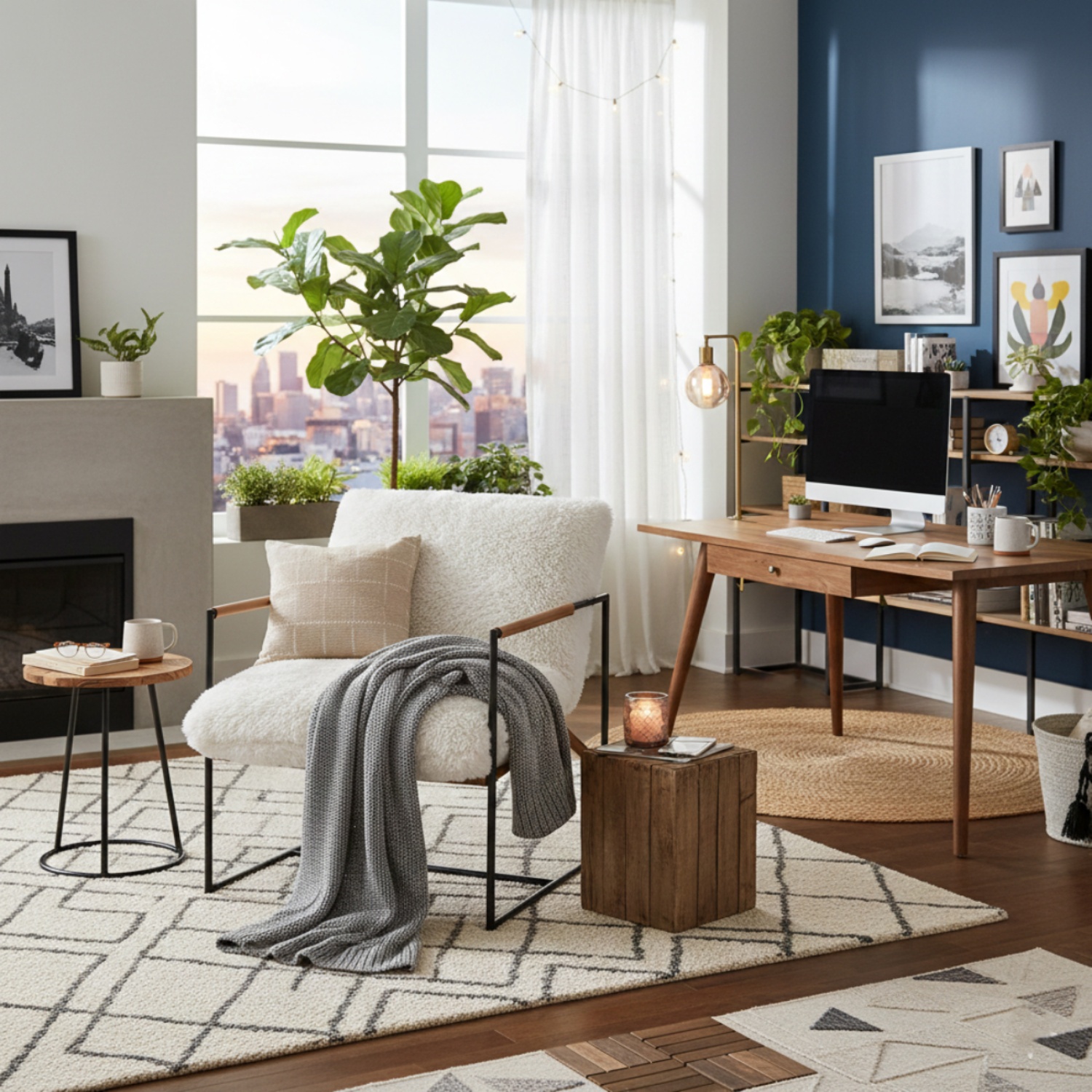 Lasa Beige Sling Accent Chair - Cosy Teddy Cushion on a Sturdy Metal Frame for Living Room