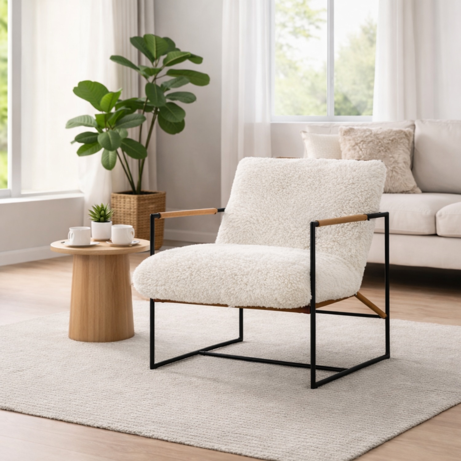 Lasa Beige Sling Accent Chair - Cosy Teddy Cushion on a Sturdy Metal Frame for Living Room