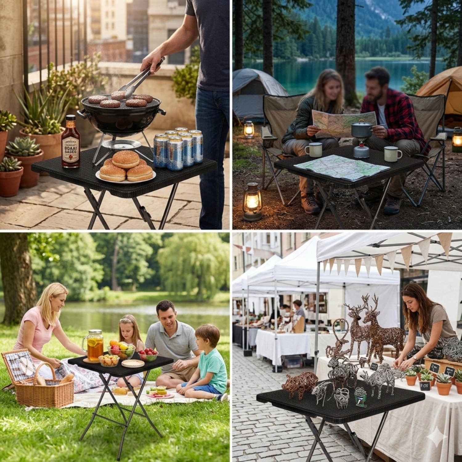 Lasa Folding Square Rattan-Style Outdoor Table, Black - Easy-Clean Textured Finish