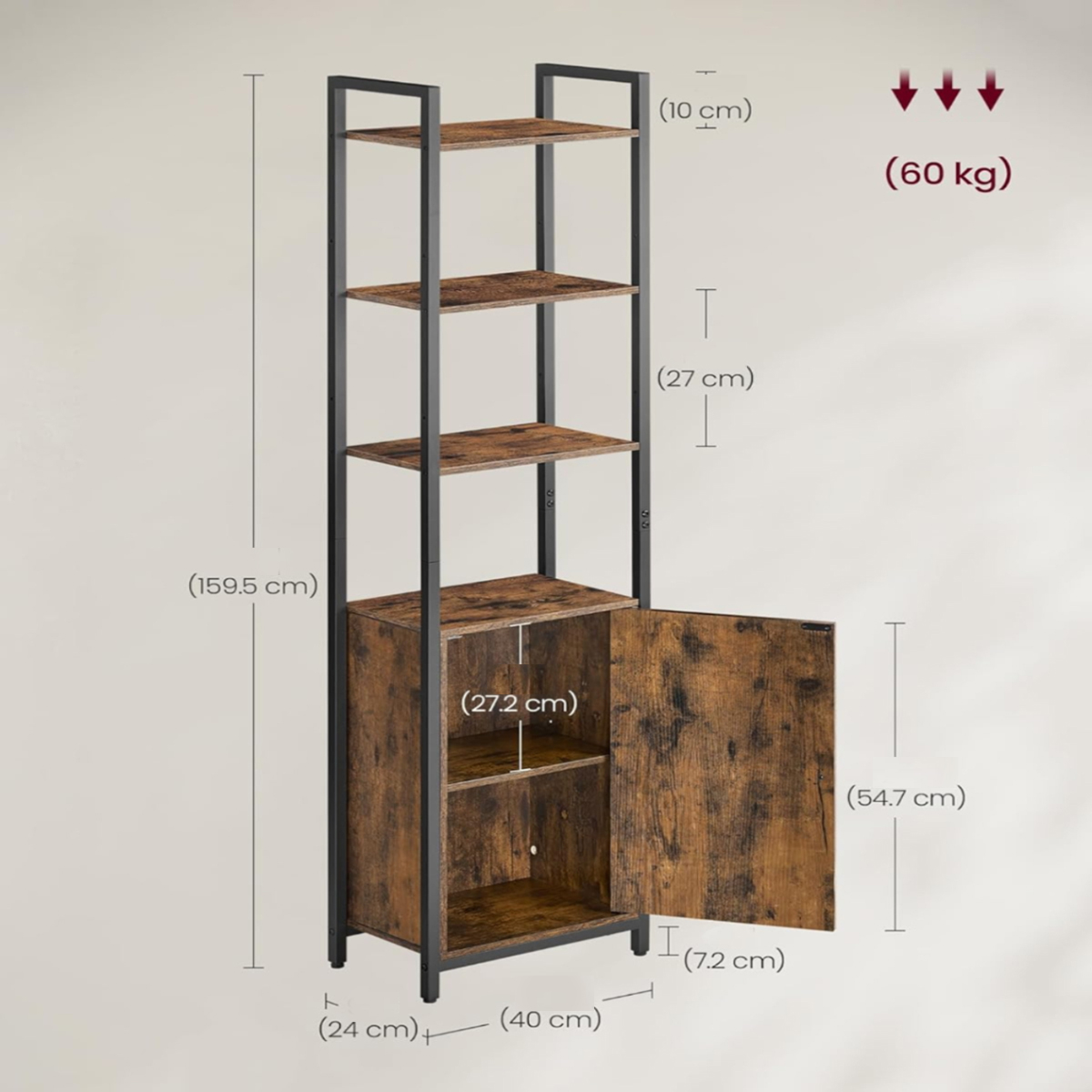 Lazava 6-Tier Adjustable Shelf Bookcase Cabinet - Rustic Brown & Ink Black