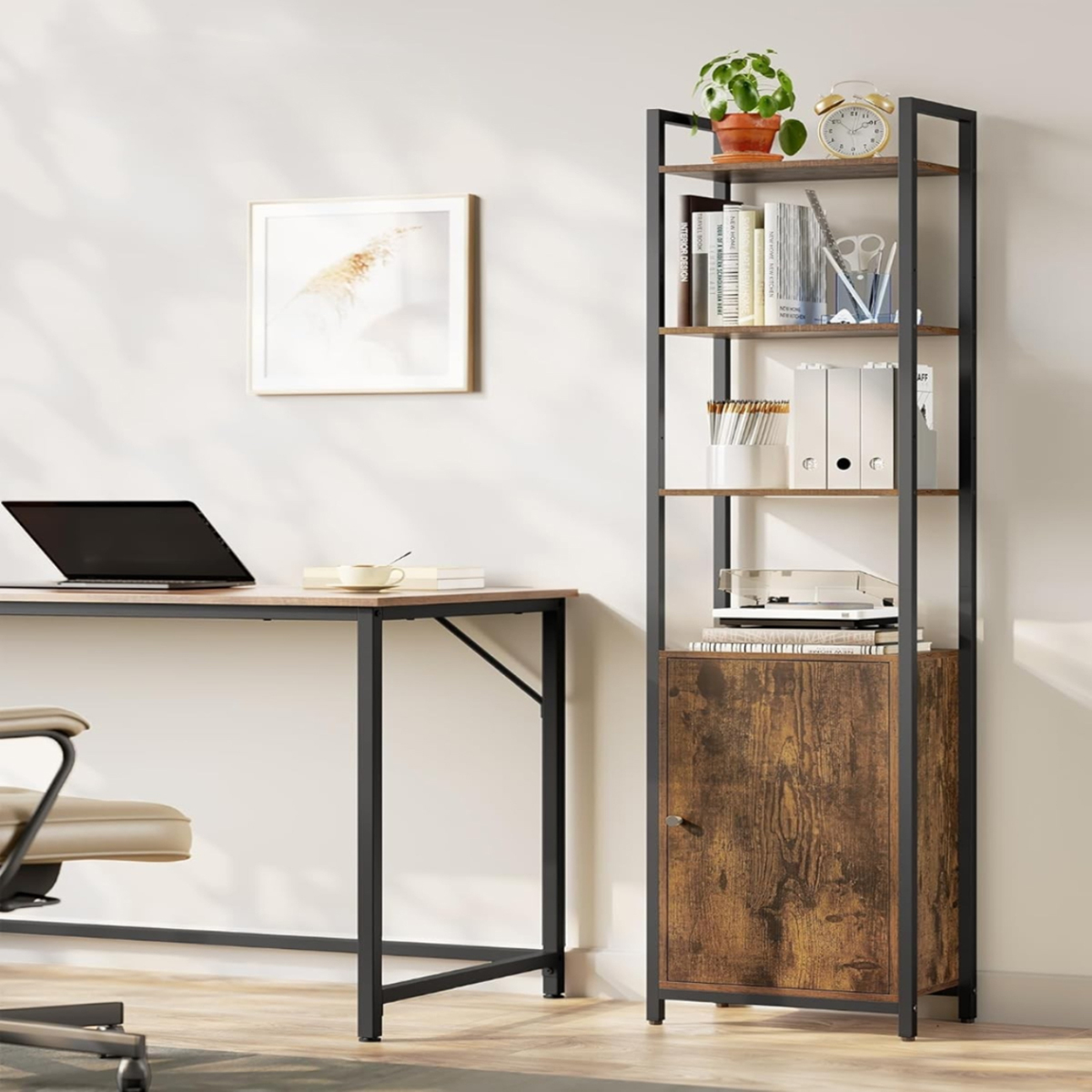 Lazava 6-Tier Adjustable Shelf Bookcase Cabinet - Rustic Brown & Ink Black