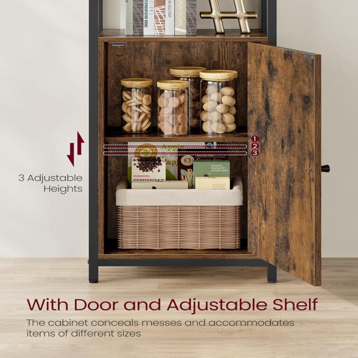 Lazava 6-Tier Adjustable Shelf Bookcase Cabinet - Rustic Brown & Ink Black