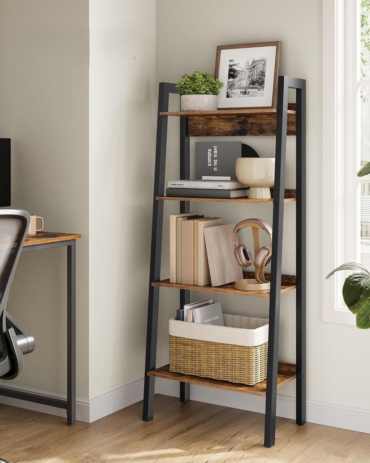 Lazava 4-Tier Narrow Ladder Bookshelf, Rustic Brown & Black - 55.9 x 32.3 x 137.4cm, Steel Frame