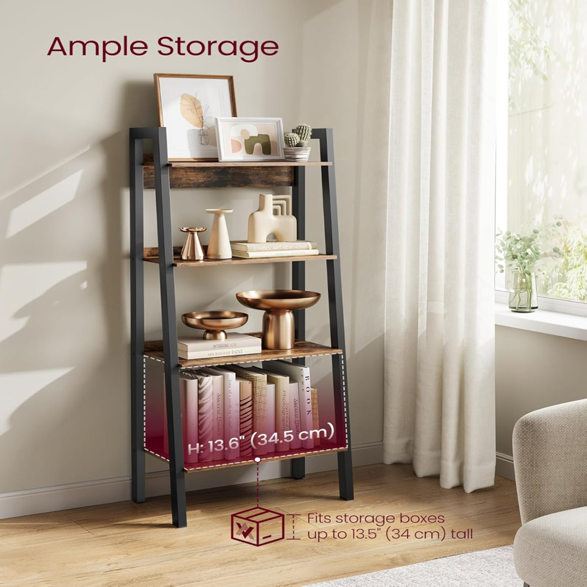 Lazava 4-Tier Narrow Ladder Bookshelf, Rustic Brown & Black - 55.9 x 32.3 x 137.4cm, Steel Frame