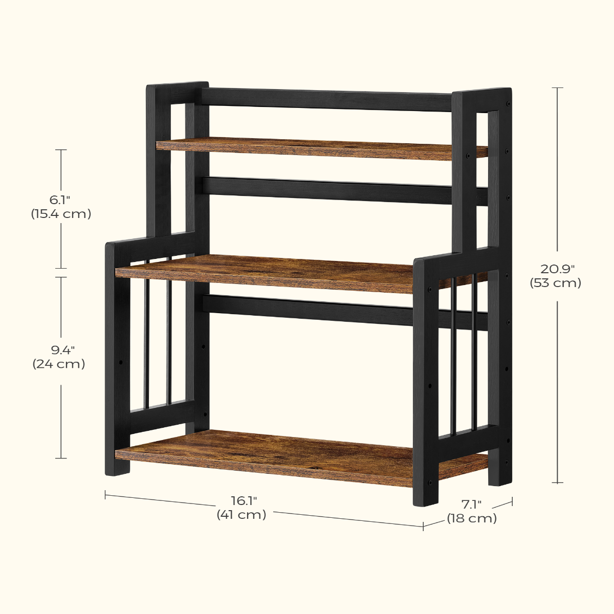 Lazava 3-Tier Spice Rack, Rustic Brown - Bamboo Shelves on Black Metal Frame for Kitchen