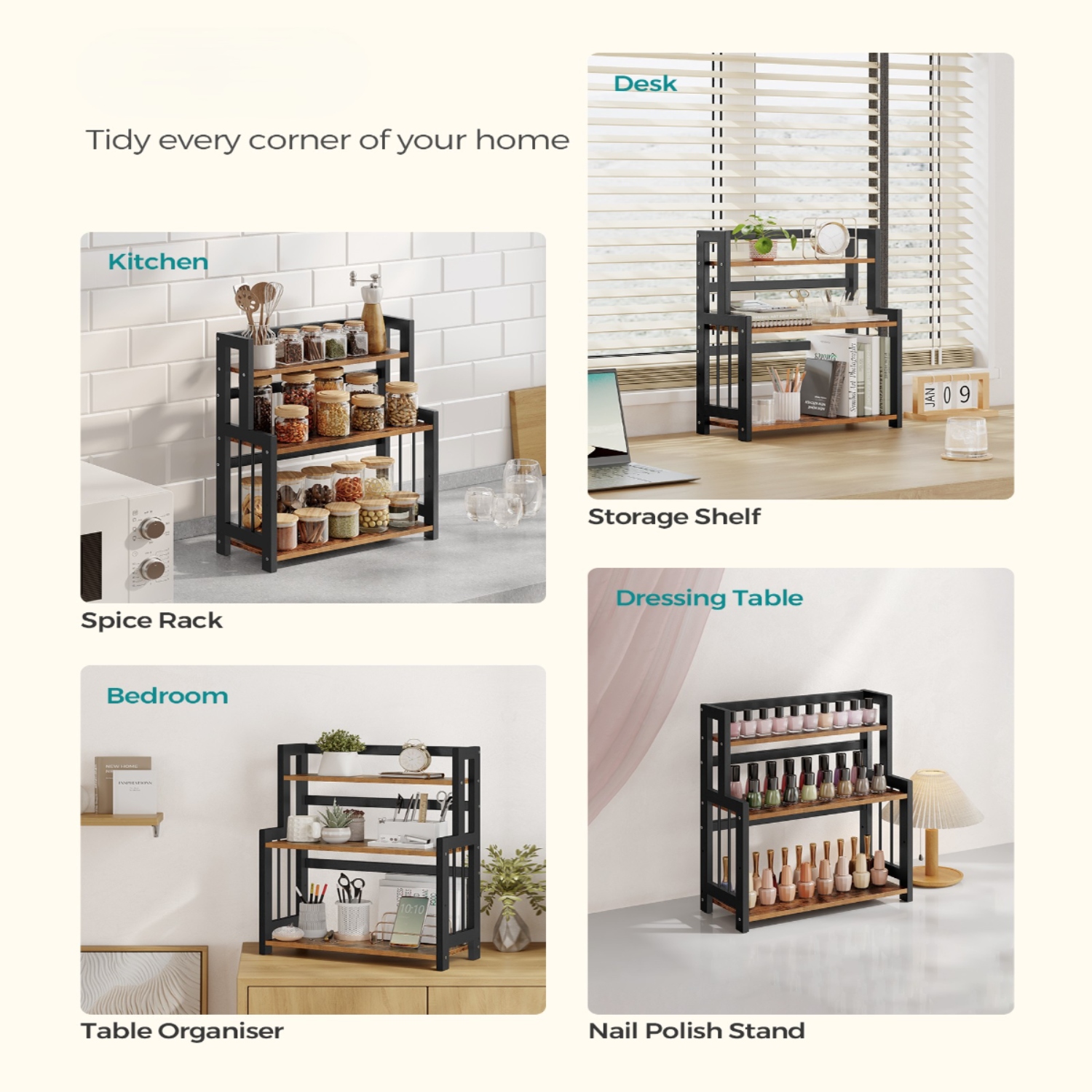 Lazava 3-Tier Spice Rack, Rustic Brown - Bamboo Shelves on Black Metal Frame for Kitchen
